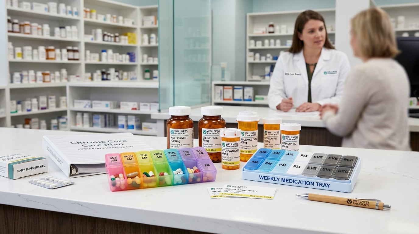 Organized chronic medication management with prescription medicines and pill organisers