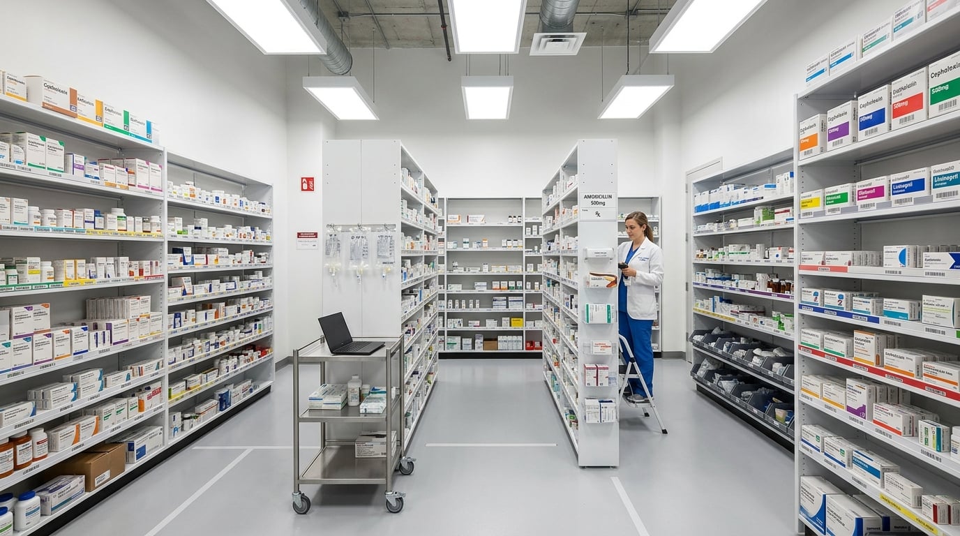 Modern hospital pharmacy with organized pharmaceutical supplies and storage
