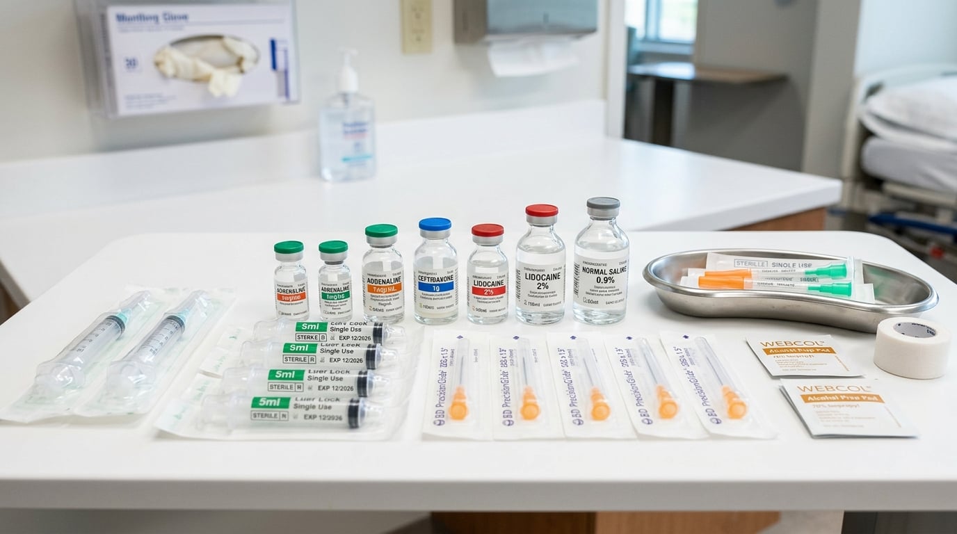 Sterile medical supplies, injectable vials and syringes in clinical setting