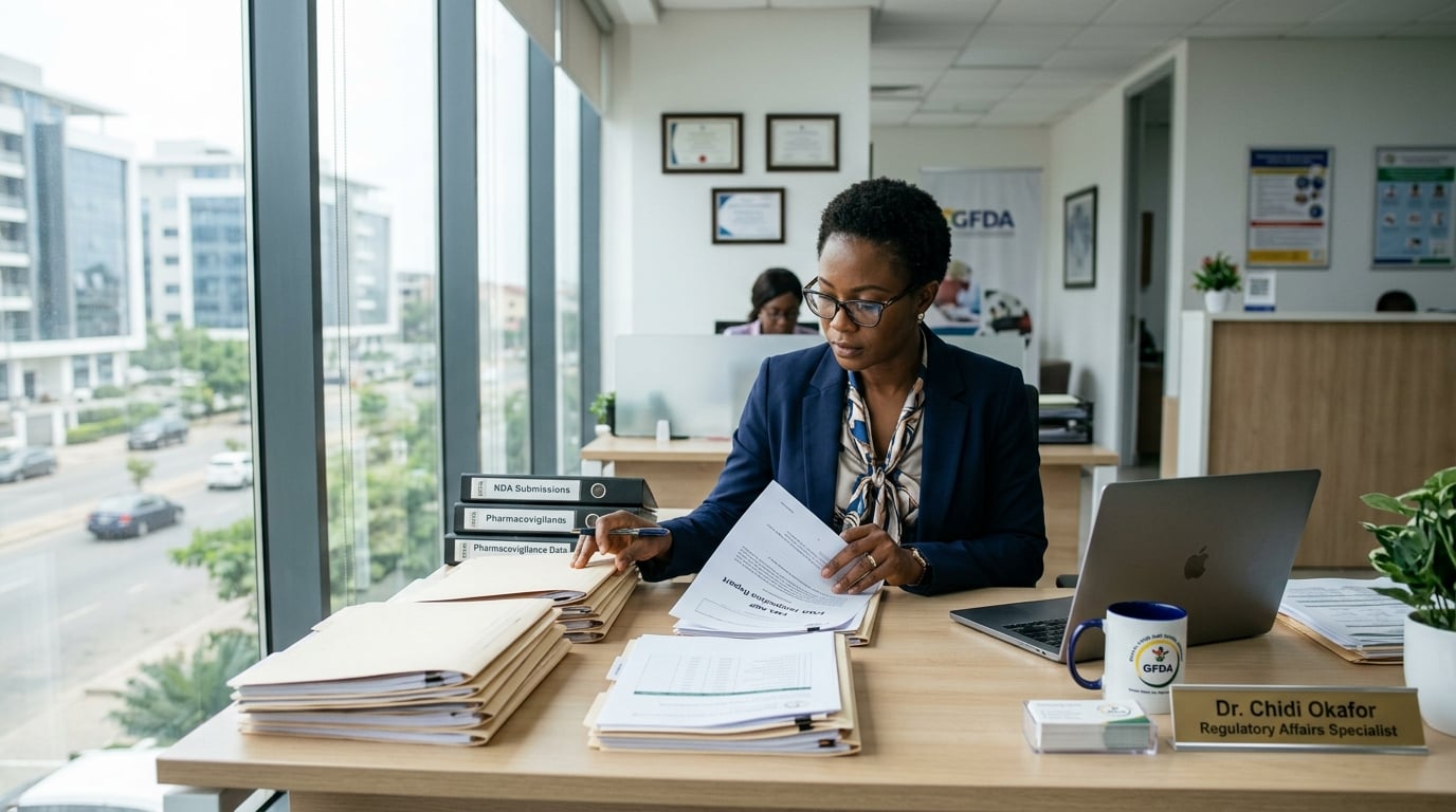 Pharmaceutical regulatory affairs professional reviewing compliance documentation